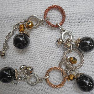 Black Beads Bracelet on Silvertone & Rose Goldtone Metal